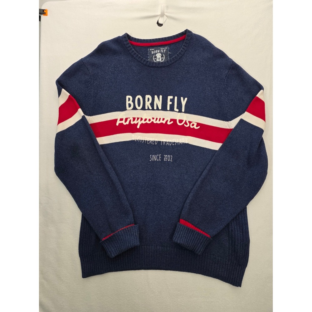 Born Fly Sweater Crewneck 2XL Blue Red White Anytown USA Streetwear Hip Hop